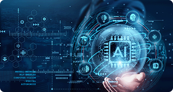 Businessman holding holographic AI sphere with blue digital interface elements, neural networks, and futuristic data visualization graphics